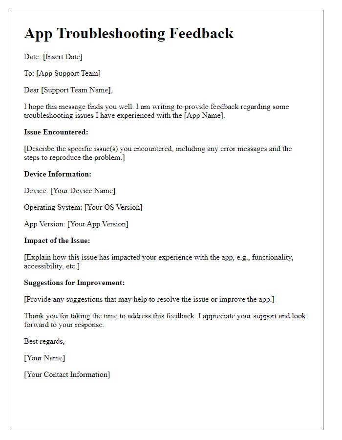 Letter template of app troubleshooting feedback