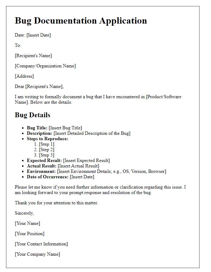 Letter template of application bug documentation