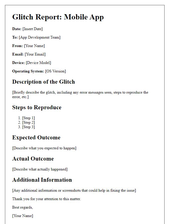 Letter template of mobile app glitch report