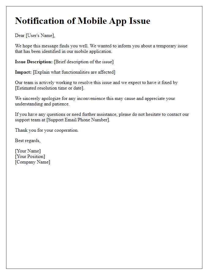 Letter template of mobile app issue notification