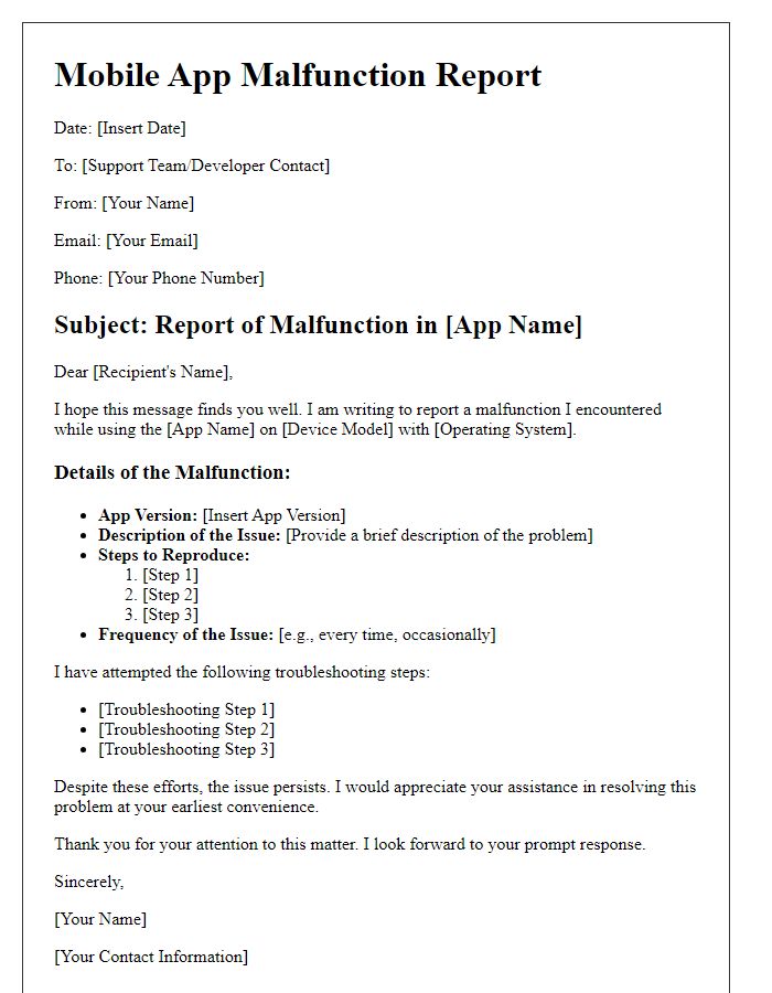 Letter template of mobile app malfunction report