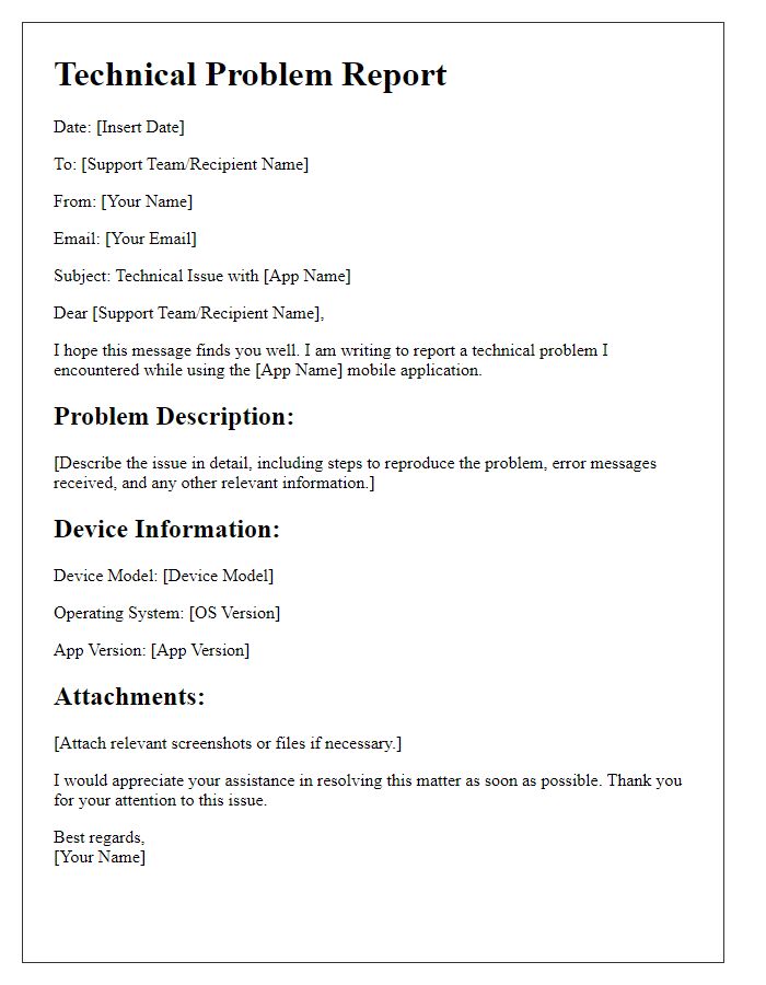 Letter template of mobile app technical problem