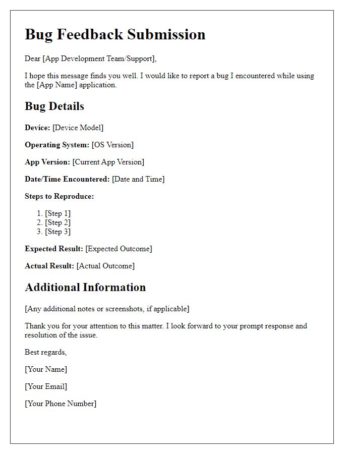 Letter template of mobile application bug feedback