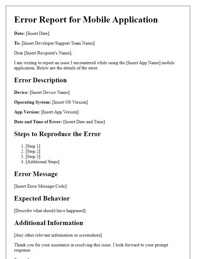 Letter template of mobile application error description