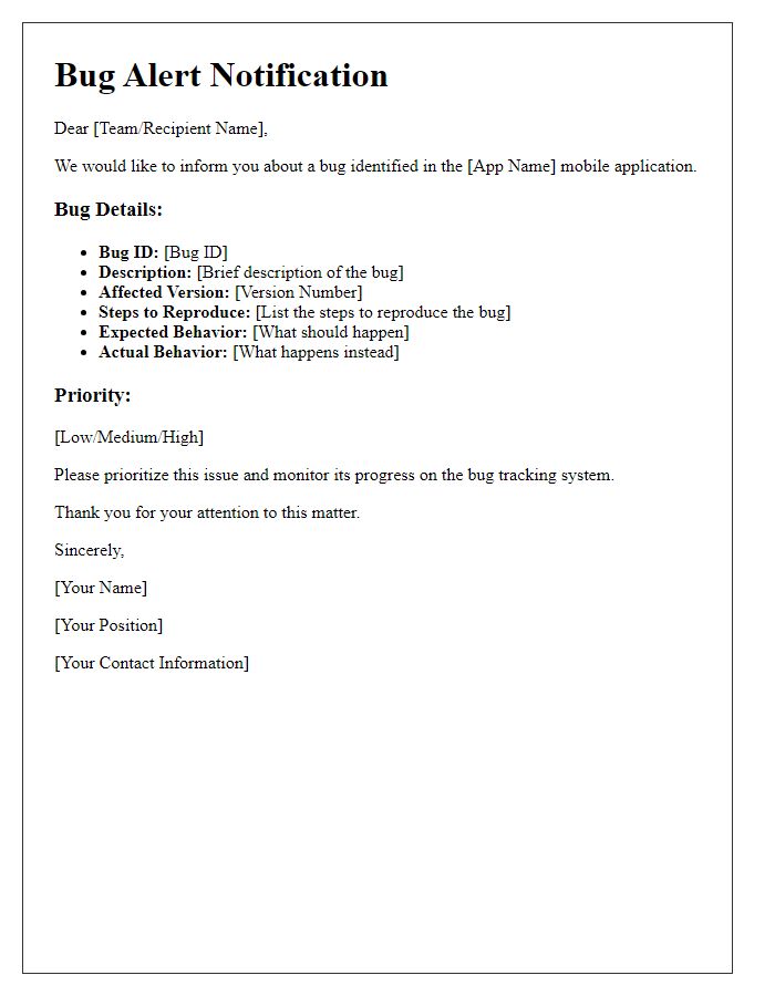 Letter template of software bug alert for mobile app