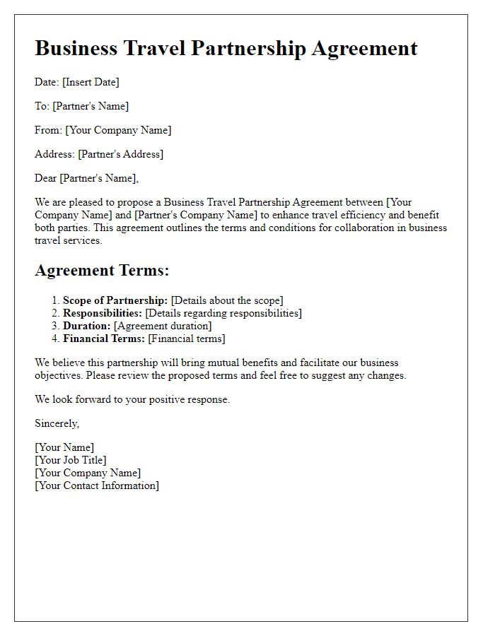 Letter template of Business Travel Partnership Agreement