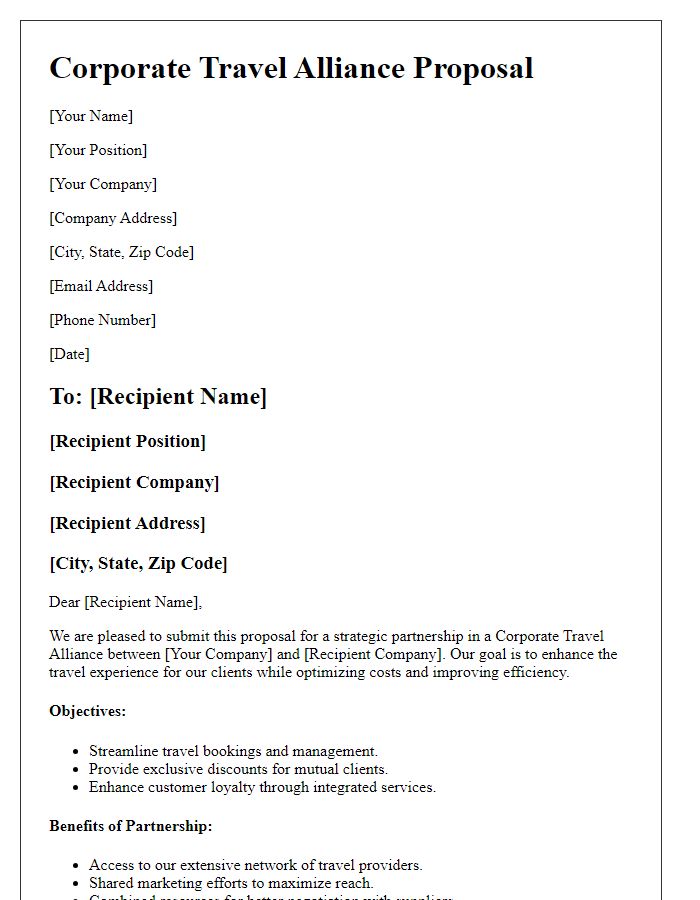 Letter template of Corporate Travel Alliance Proposal