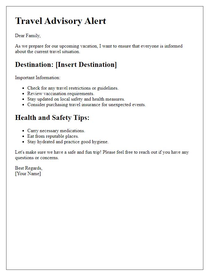 Letter template of travel advisory alert for family vacations.