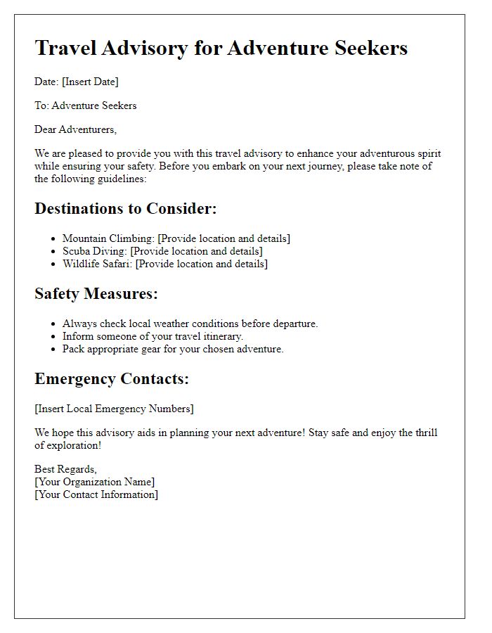 Letter template of travel advisory communication for adventure seekers.