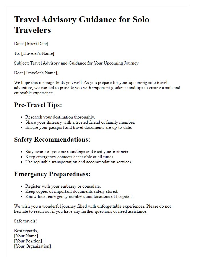 Letter template of travel advisory guidance for solo travelers.