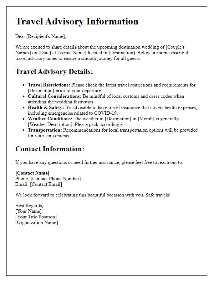 Letter template of travel advisory information for destination weddings.