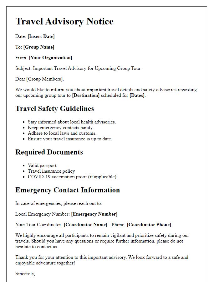 Letter template of travel advisory notice for group tours.