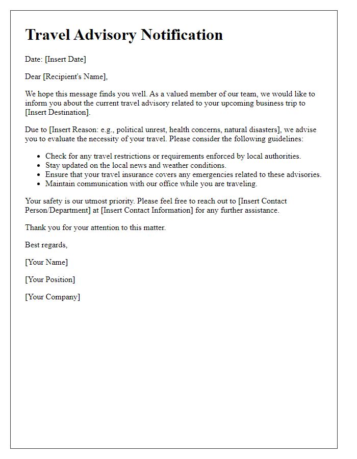 Letter template of travel advisory notification for business professionals.