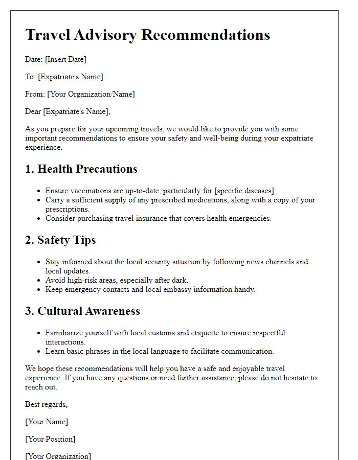 Letter template of travel advisory recommendations for expatriates.