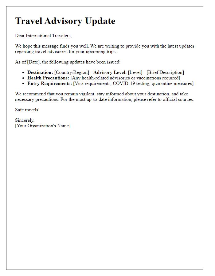 Letter template of travel advisory update for international travelers.