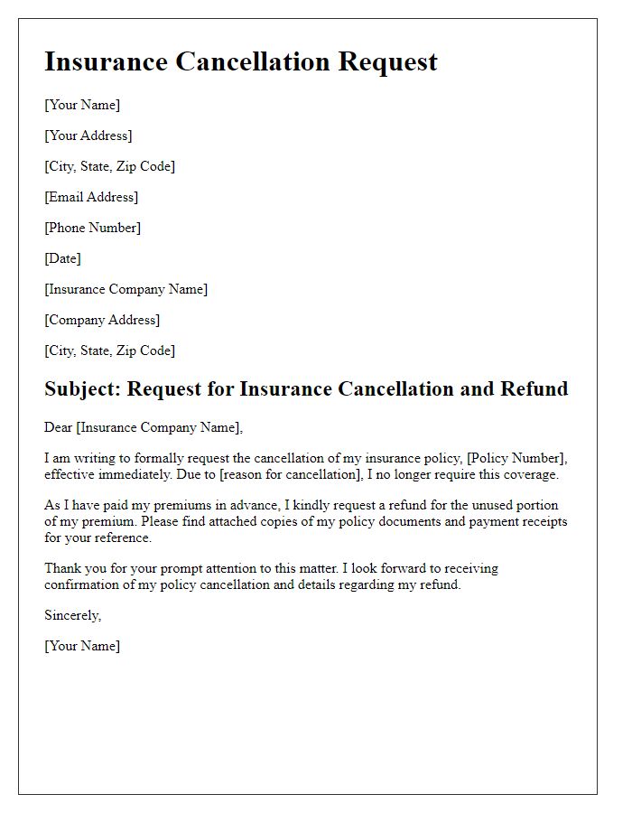 Letter template of insurance cancellation with refund demand.