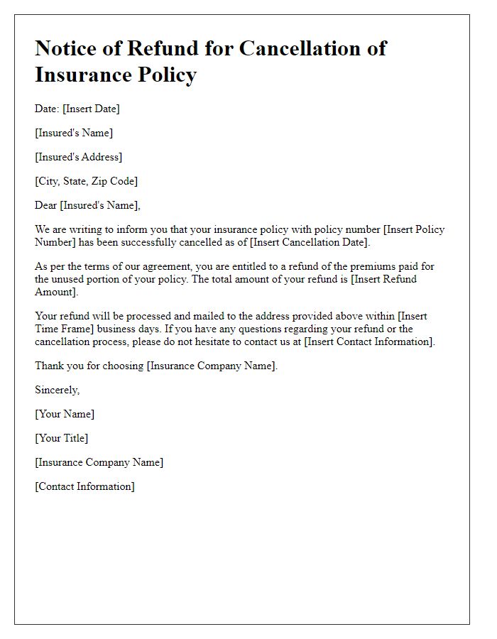 Letter template of notice for refund of premiums after insurance cancellation.