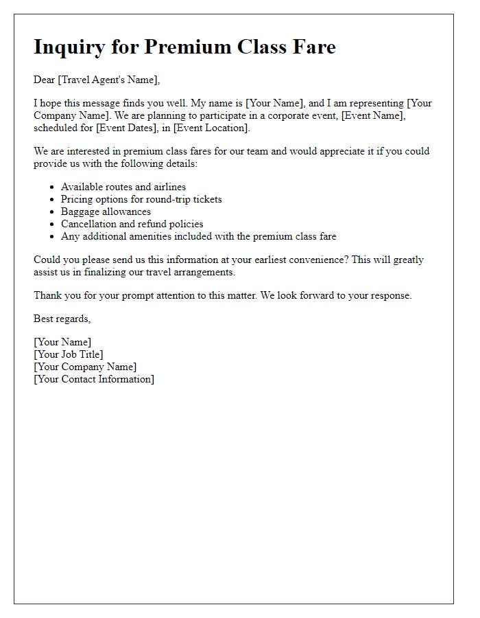 Letter template of premium class fare inquiry for corporate event participation.