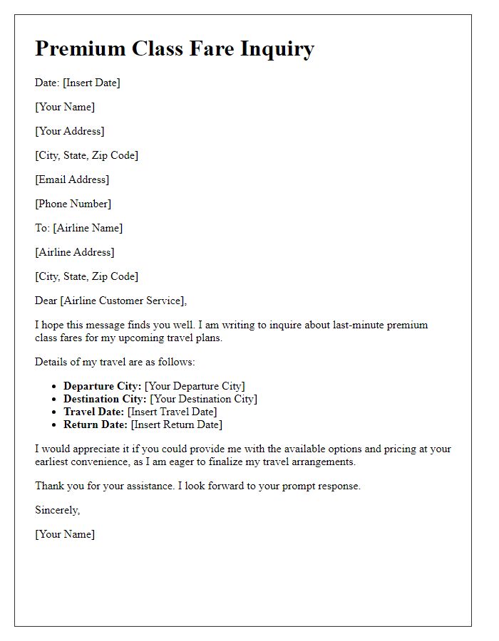 Letter template of premium class fare inquiry for last-minute travel.