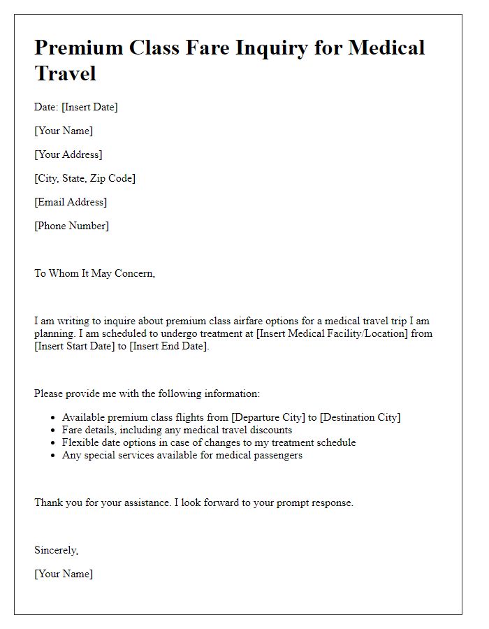 Letter template of premium class fare inquiry for medical travel purposes.