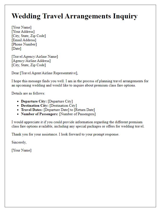 Letter template of premium class fare inquiry for wedding travel arrangements.