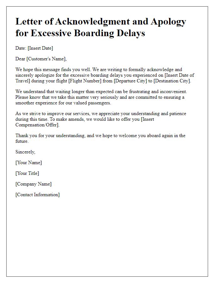 Letter template of acknowledgment and apology for excessive boarding delays.