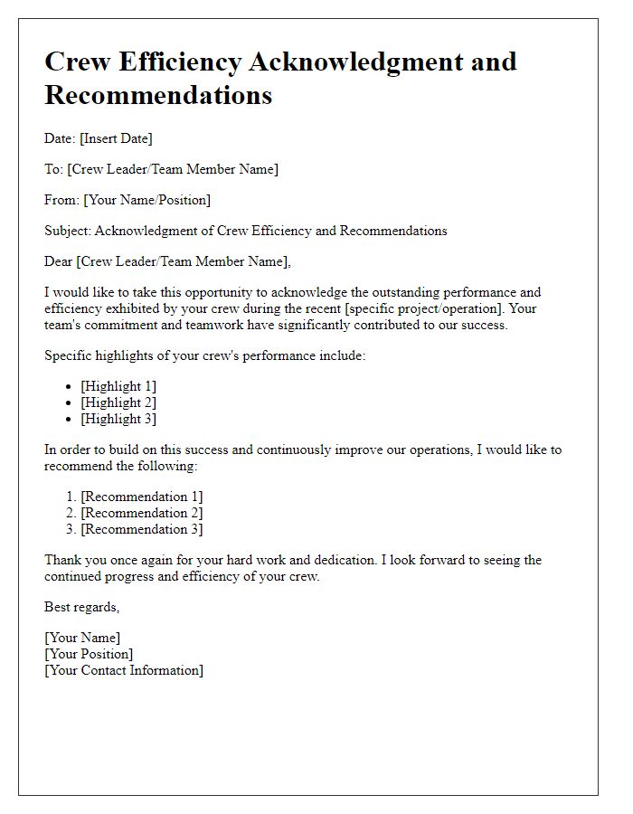 Letter template of Crew Efficiency Acknowledgment and Recommendations