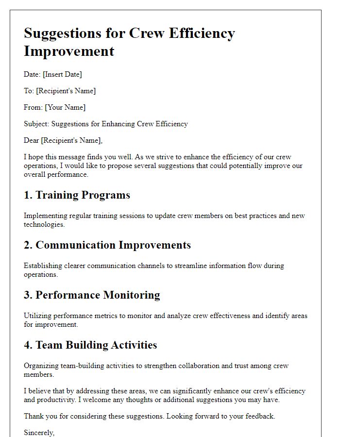 Letter template of Crew Efficiency Improvement Suggestions