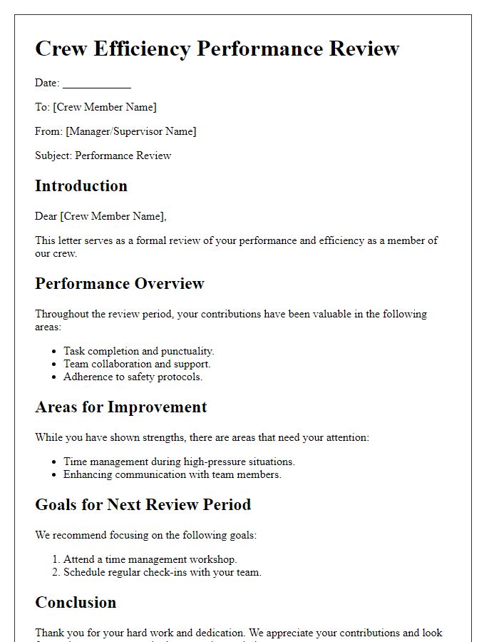 Letter template of Crew Efficiency Performance Review