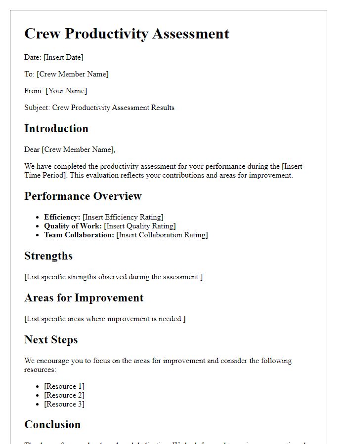 Letter template of Crew Productivity Assessment