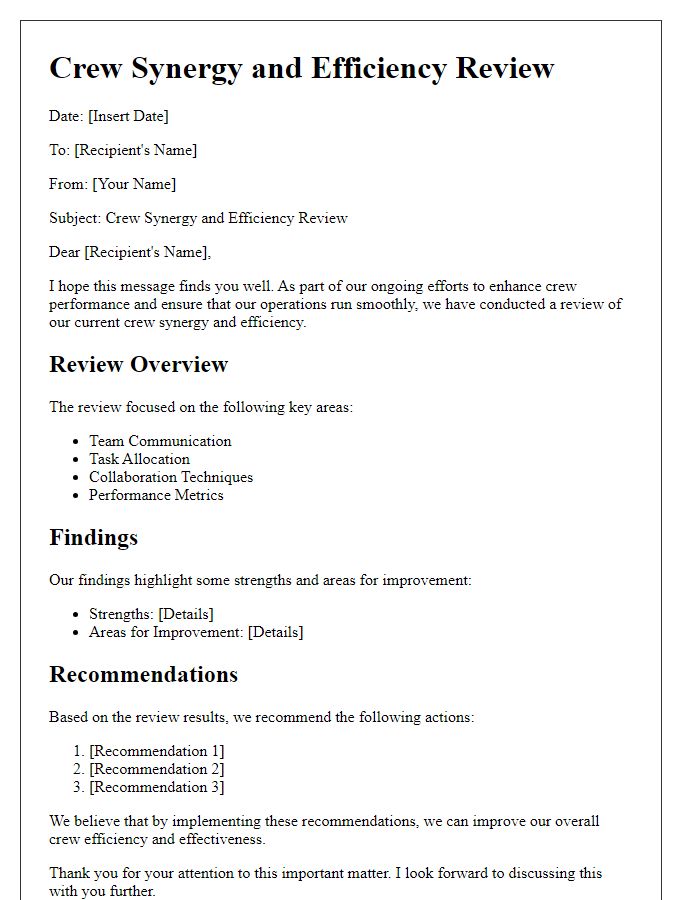 Letter template of Crew Synergy and Efficiency Review