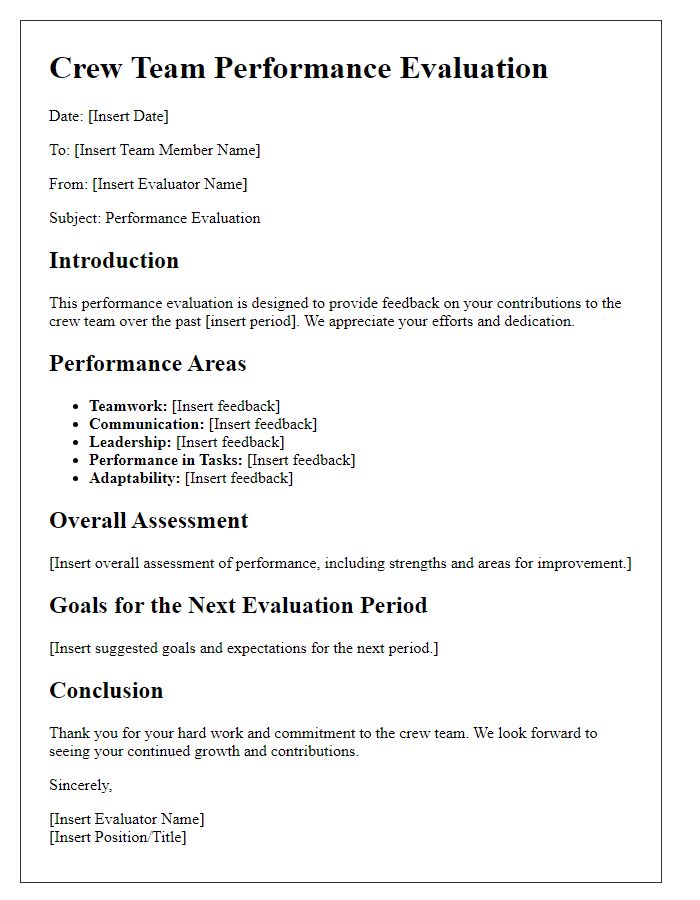 Letter template of Crew Team Performance Evaluation