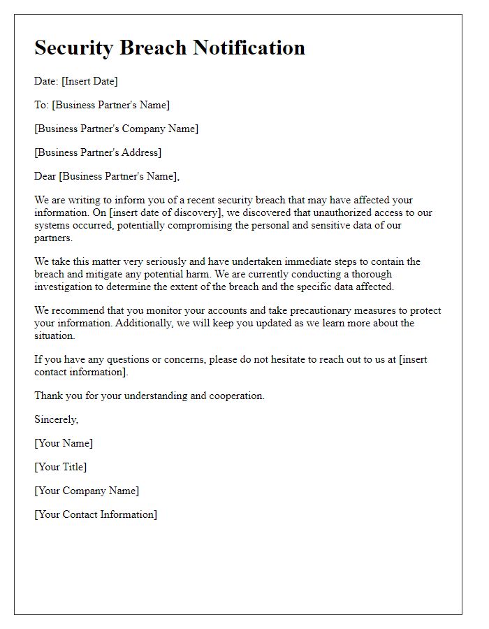 Letter template of Security Breach Notification for Business Partners