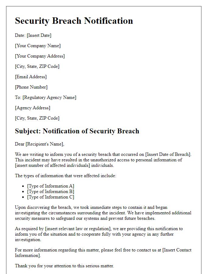 Letter template of Security Breach Notification for Regulatory Agencies