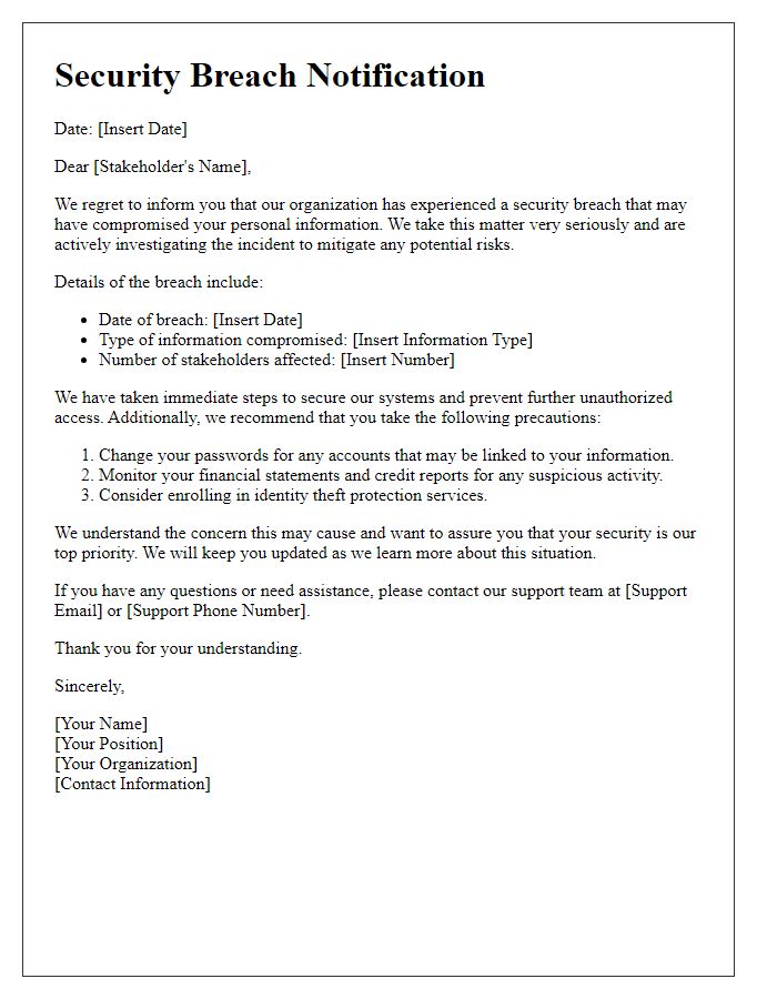 Letter template of Security Breach Notification for Stakeholders