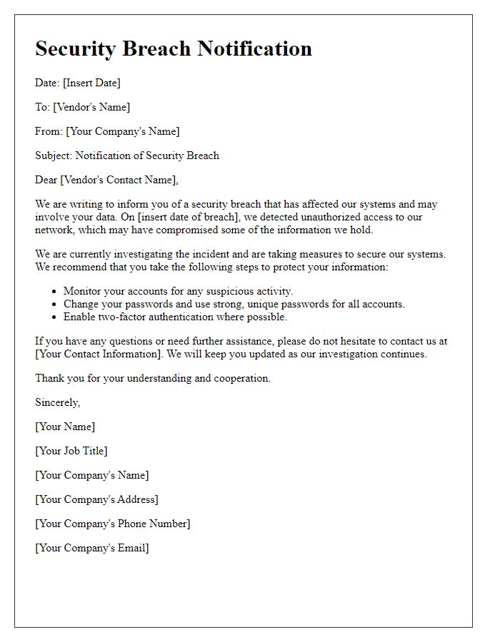 Letter template of Security Breach Notification for Vendors