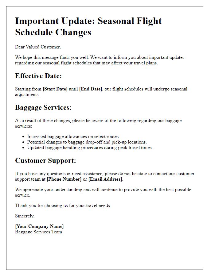 Letter template of seasonal flight schedule changes for baggage services.