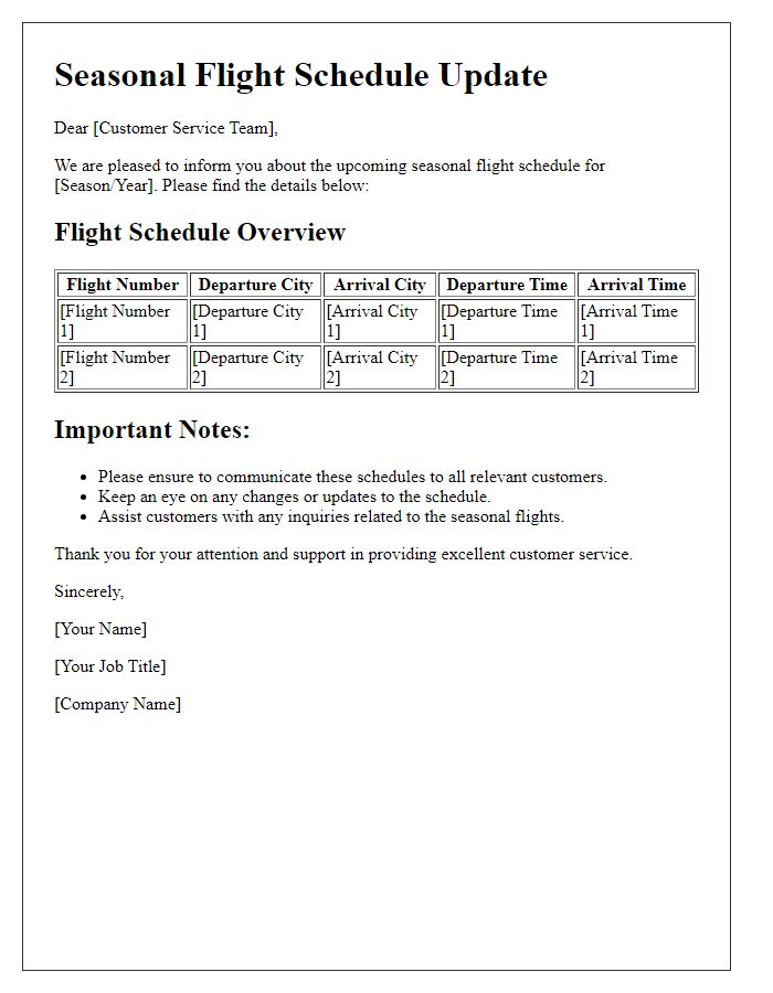 Letter template of seasonal flight schedule information for customer service teams.