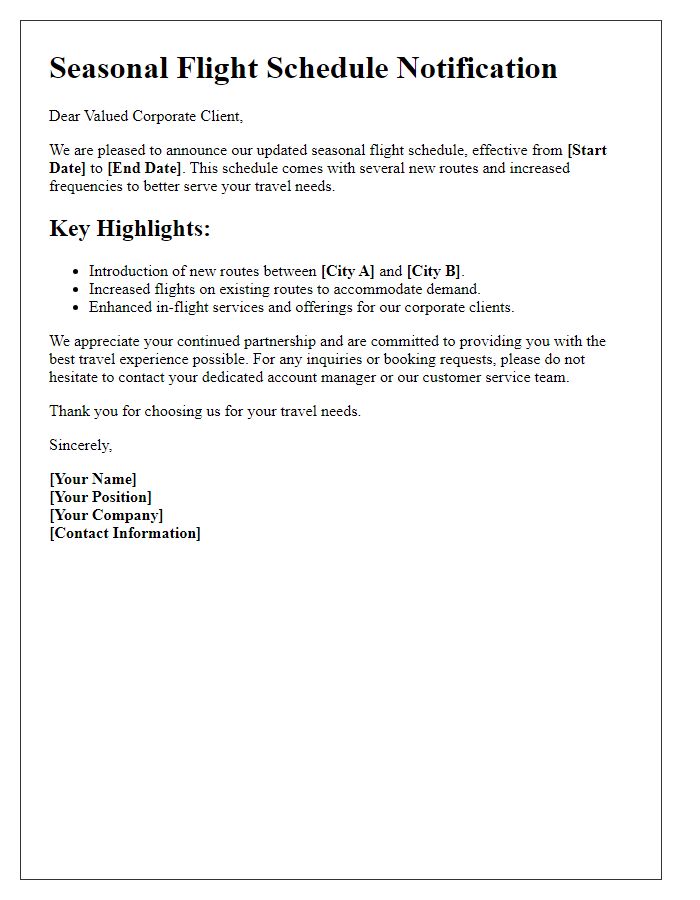 Letter template of seasonal flight schedule notification for corporate clients.