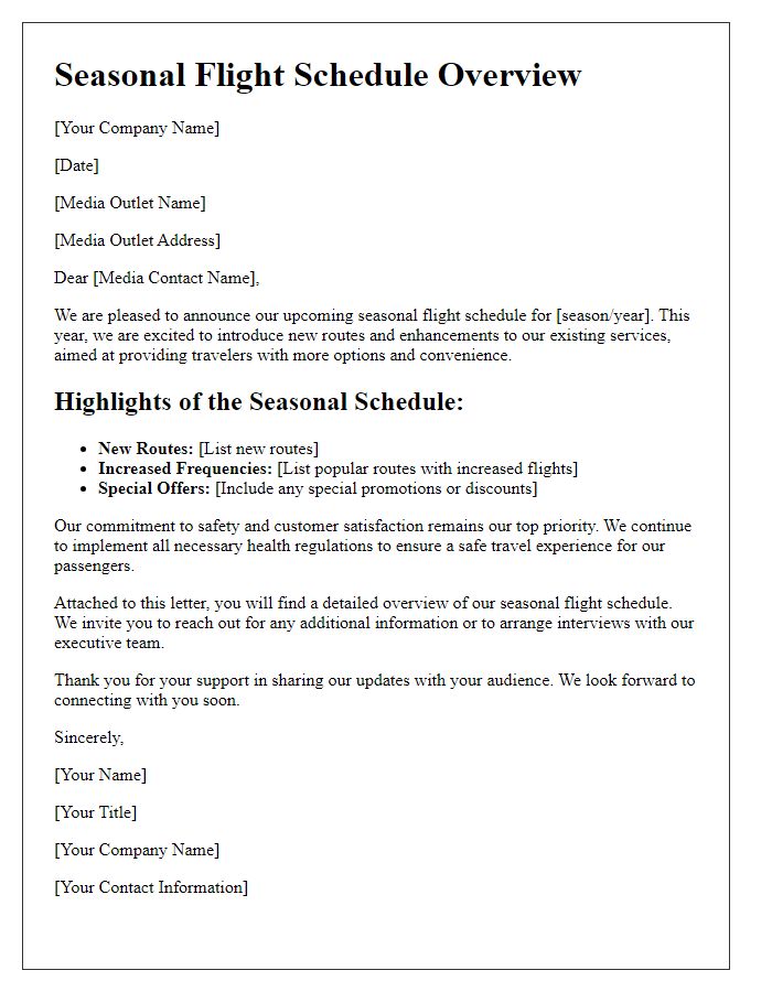 Letter template of seasonal flight schedule overview for media outlets.