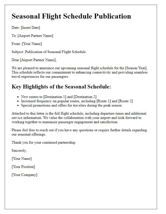 Letter template of seasonal flight schedule publication for airport partnerships.