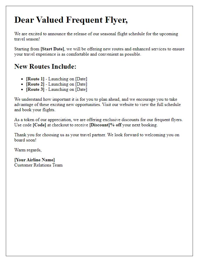 Letter template of seasonal flight schedule release for frequent flyers.