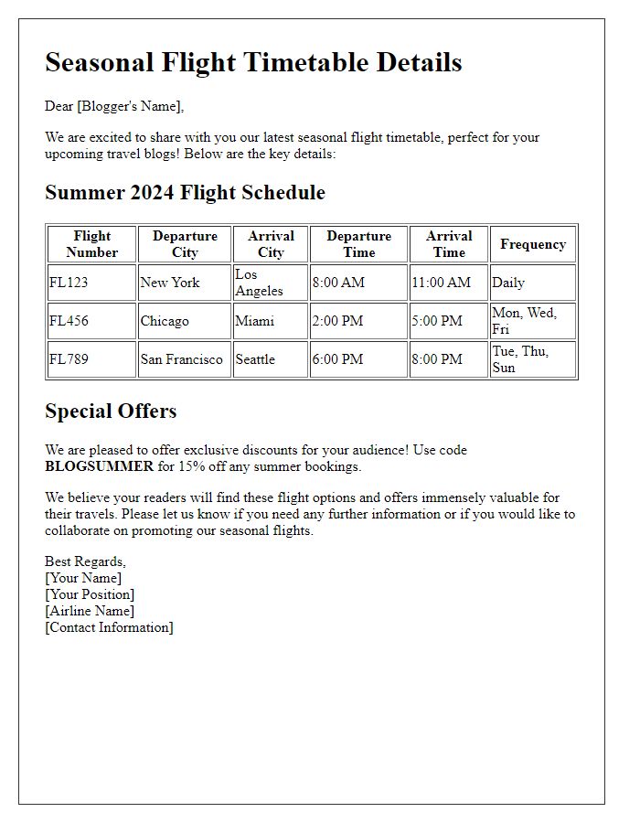 Letter template of seasonal flight timetable details for travel bloggers.