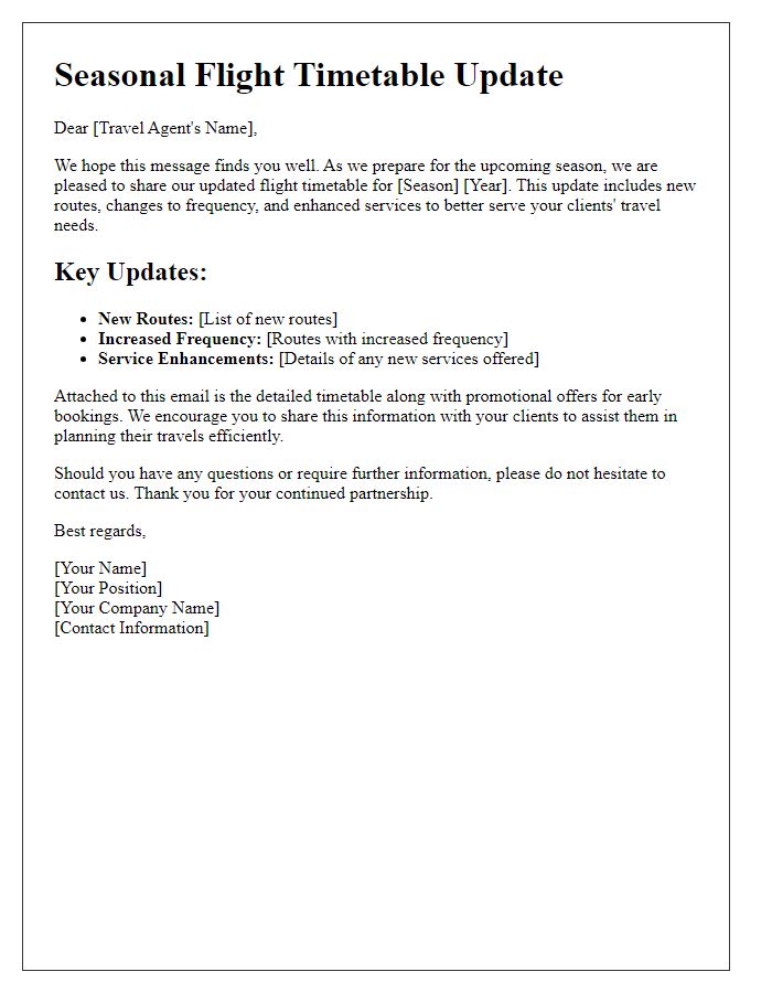 Letter template of seasonal flight timetable update for travel agents.