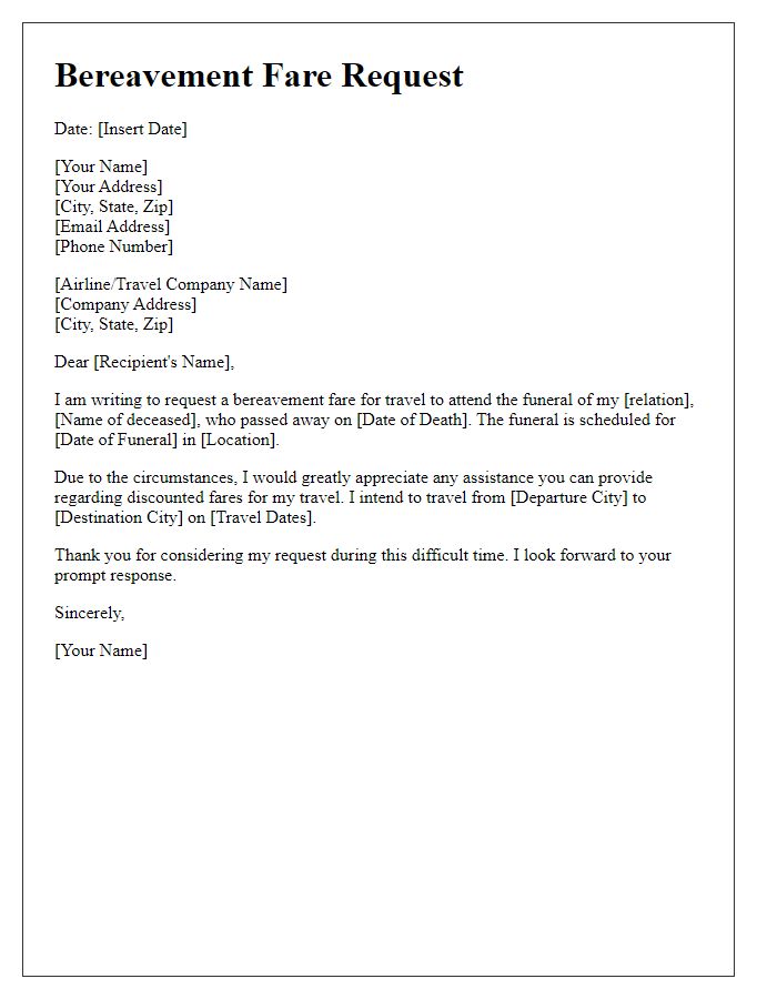 Letter template of bereavement fare request for attending a funeral.