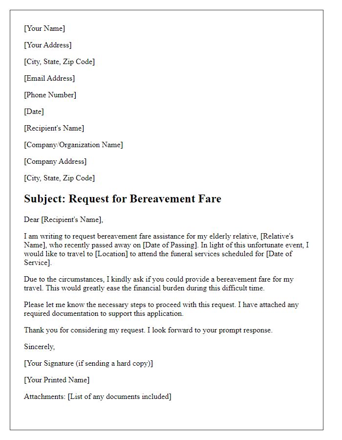 Letter template of bereavement fare request for elderly relatives.