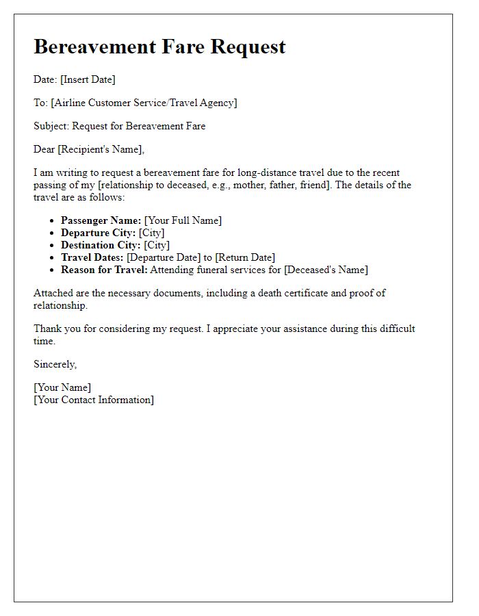 Letter template of bereavement fare request for long-distance travel.