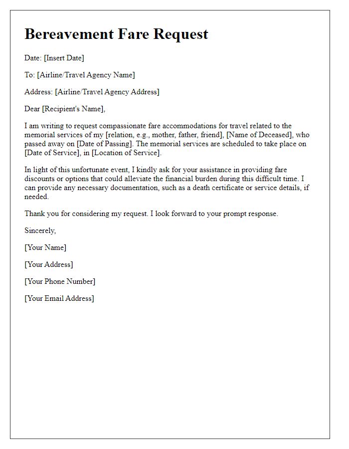 Letter template of bereavement fare request for memorial services.