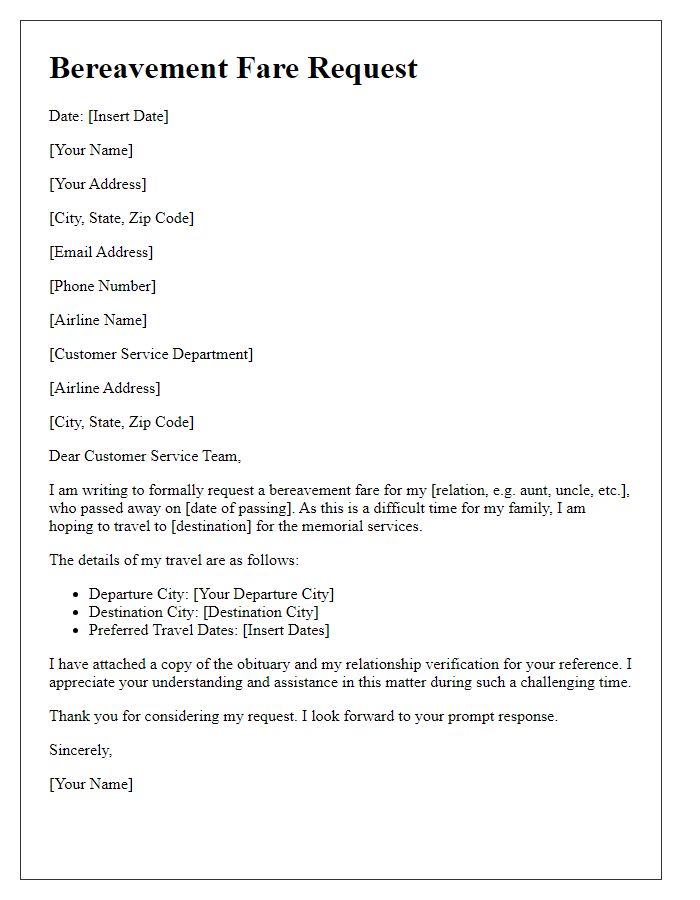 Letter template of bereavement fare request for non-immediate family member.