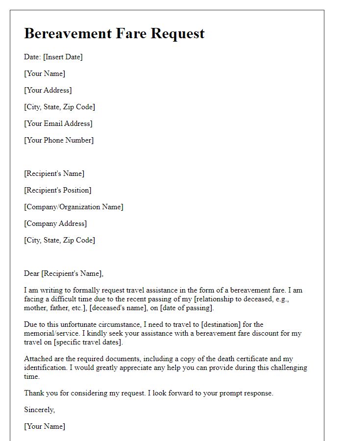 Letter template of bereavement fare request for travel assistance.